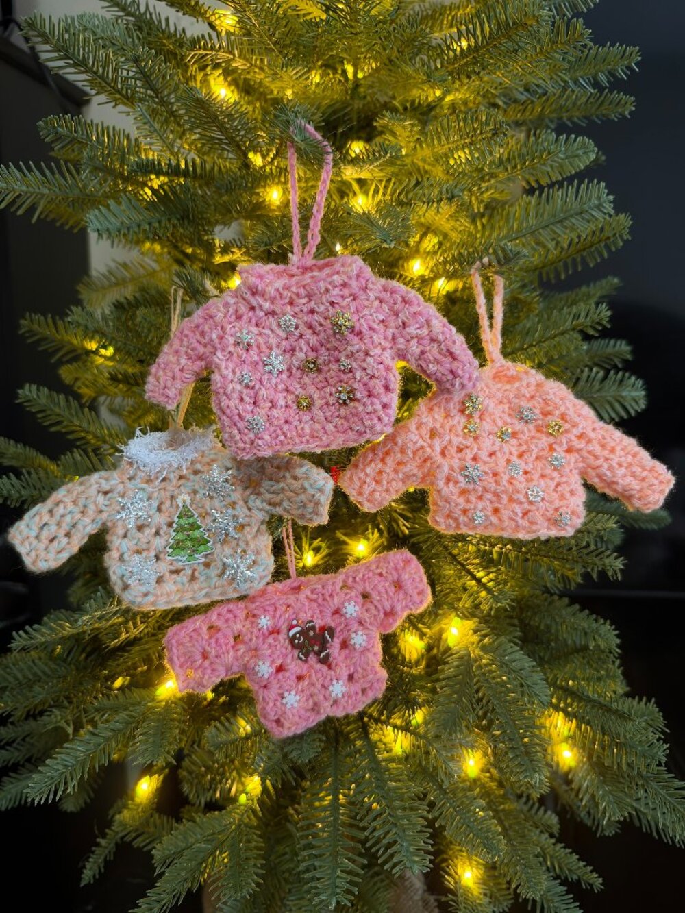 Handmade Crochet Ugly Christmas Sweaters Hanging Pink Peach Ornaments Set of 4